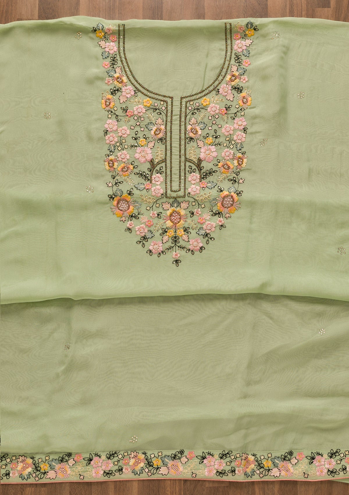 Pista Green Threadwork Tissue Unstitched Salwar Kameez-Koskii