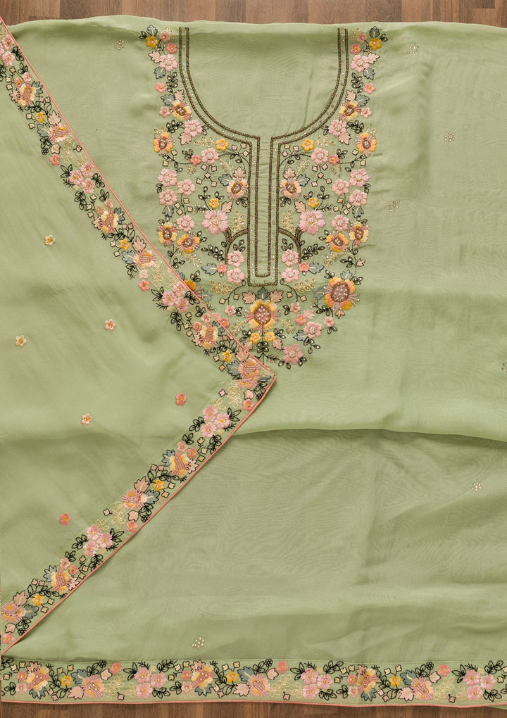 Pista Green Threadwork Tissue Unstitched Salwar Kameez-Koskii