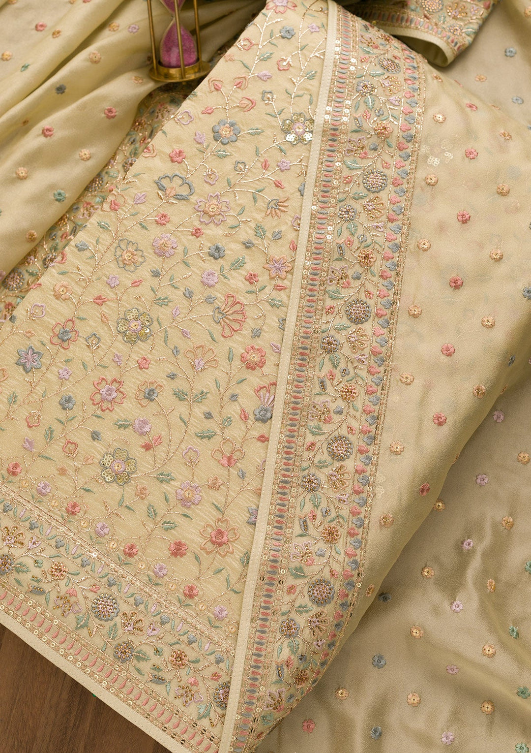 Pista Green Threadwork Crepe Unstitched Salwar Kameez-Koskii