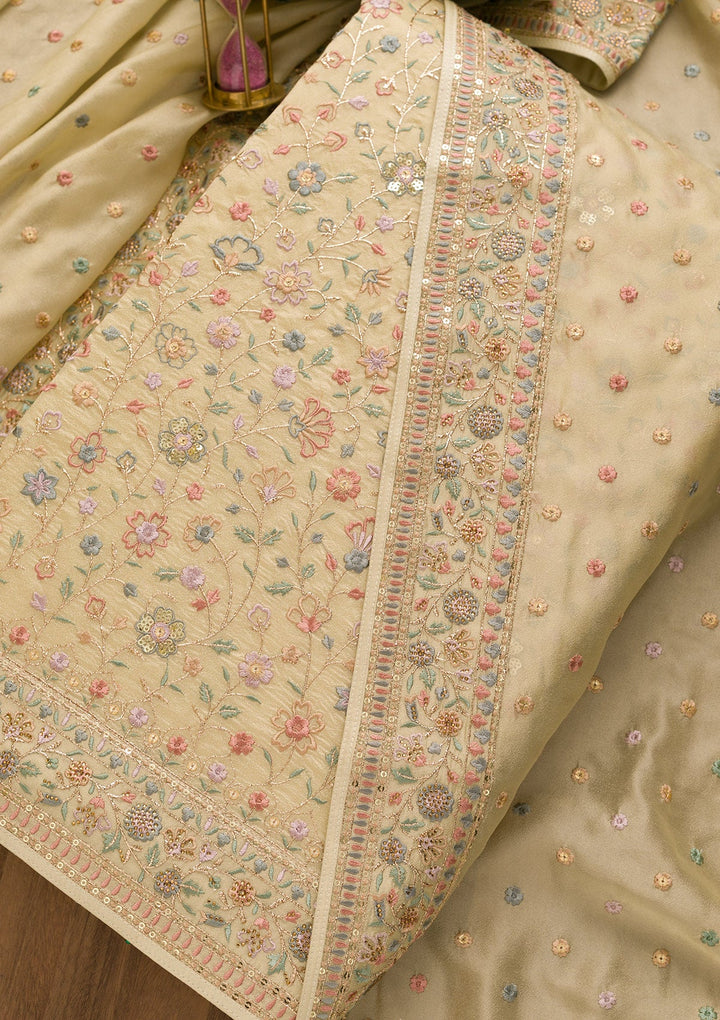 Pista Green Threadwork Crepe Unstitched Salwar Kameez-Koskii