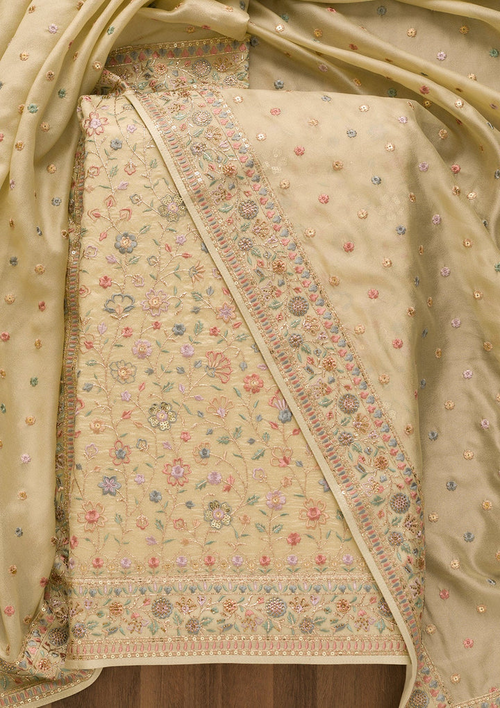 Pista Green Threadwork Crepe Unstitched Salwar Kameez-Koskii