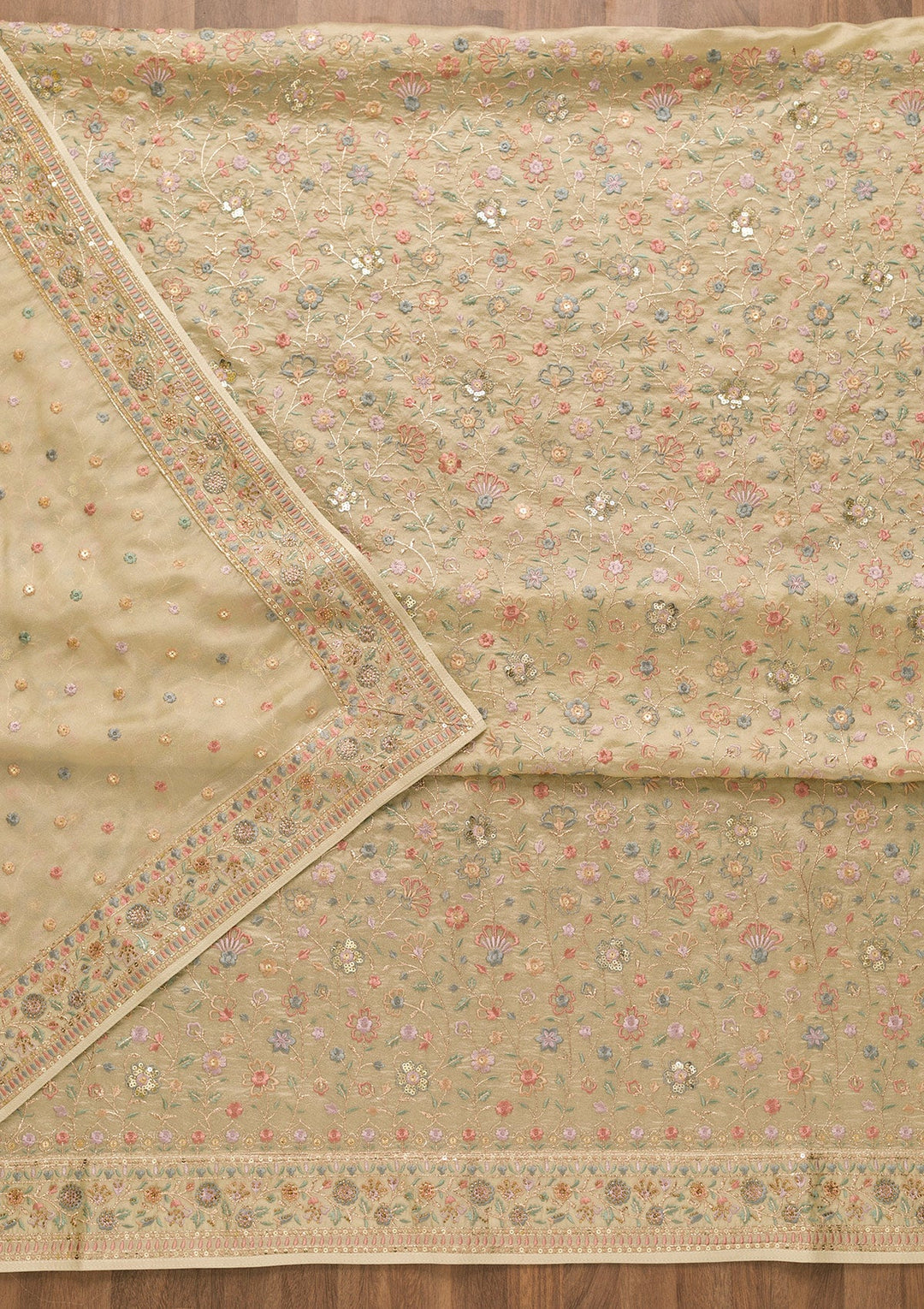 Pista Green Threadwork Crepe Unstitched Salwar Kameez-Koskii