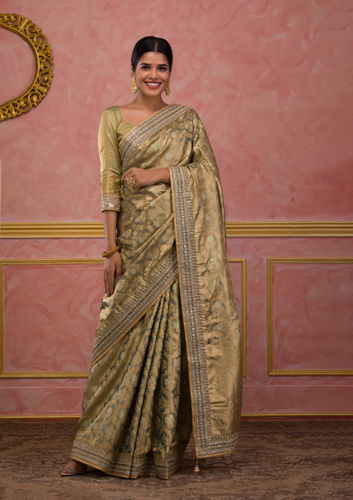 Pista Green Zariwork Brocade Saree-Koskii