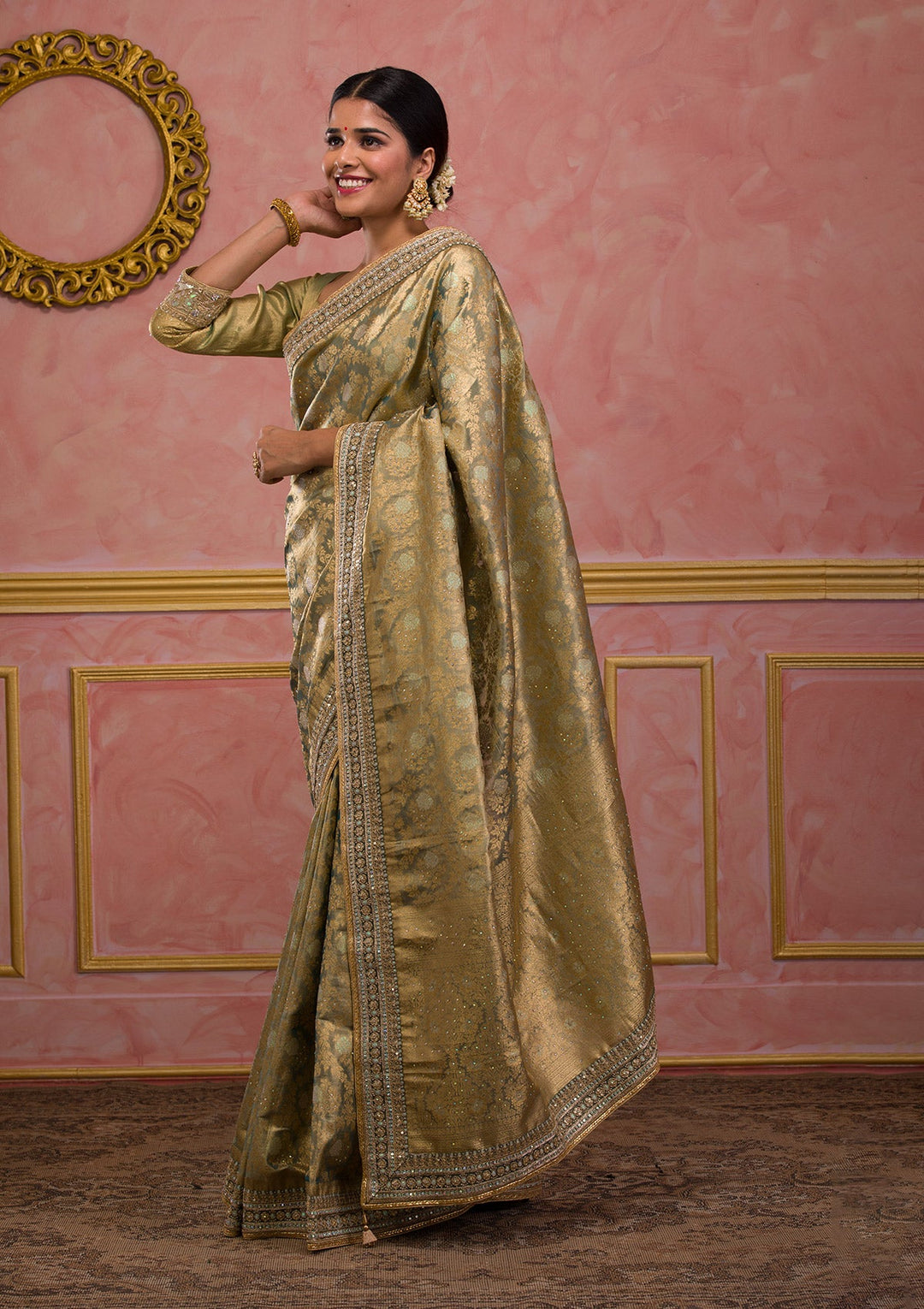 Pista Green Zariwork Brocade Saree-Koskii