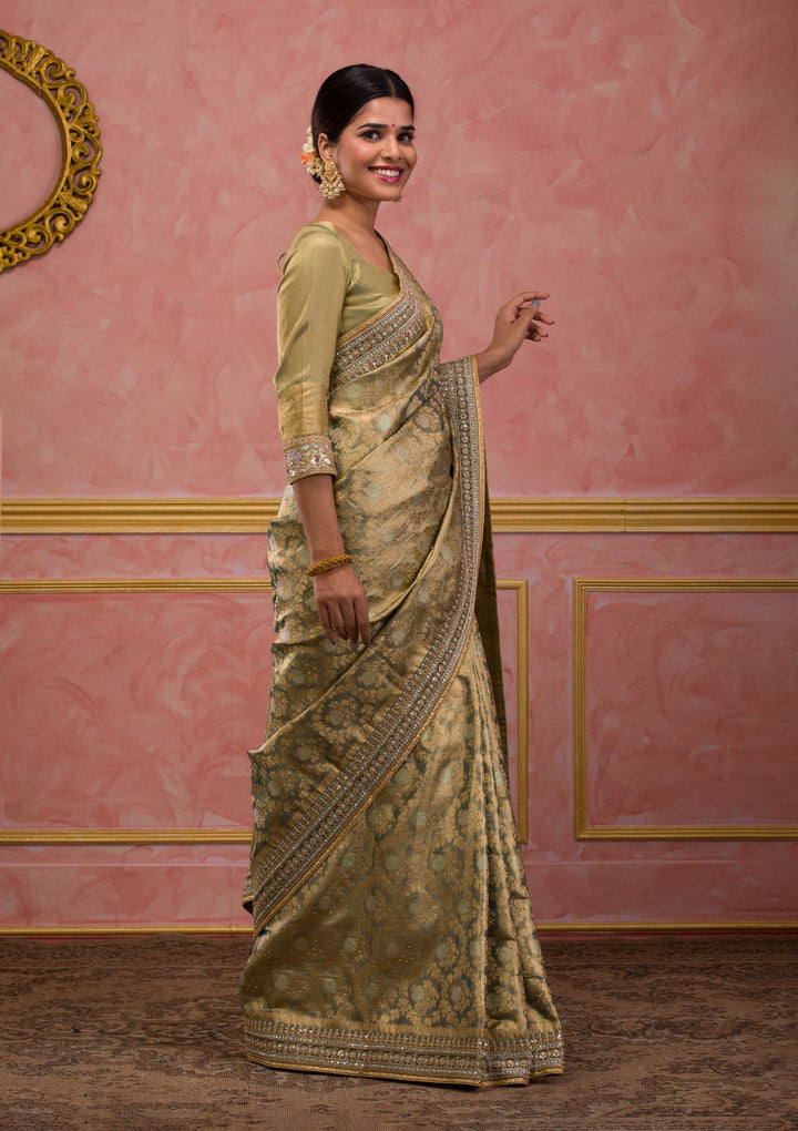 Pista Green Zariwork Brocade Saree-Koskii
