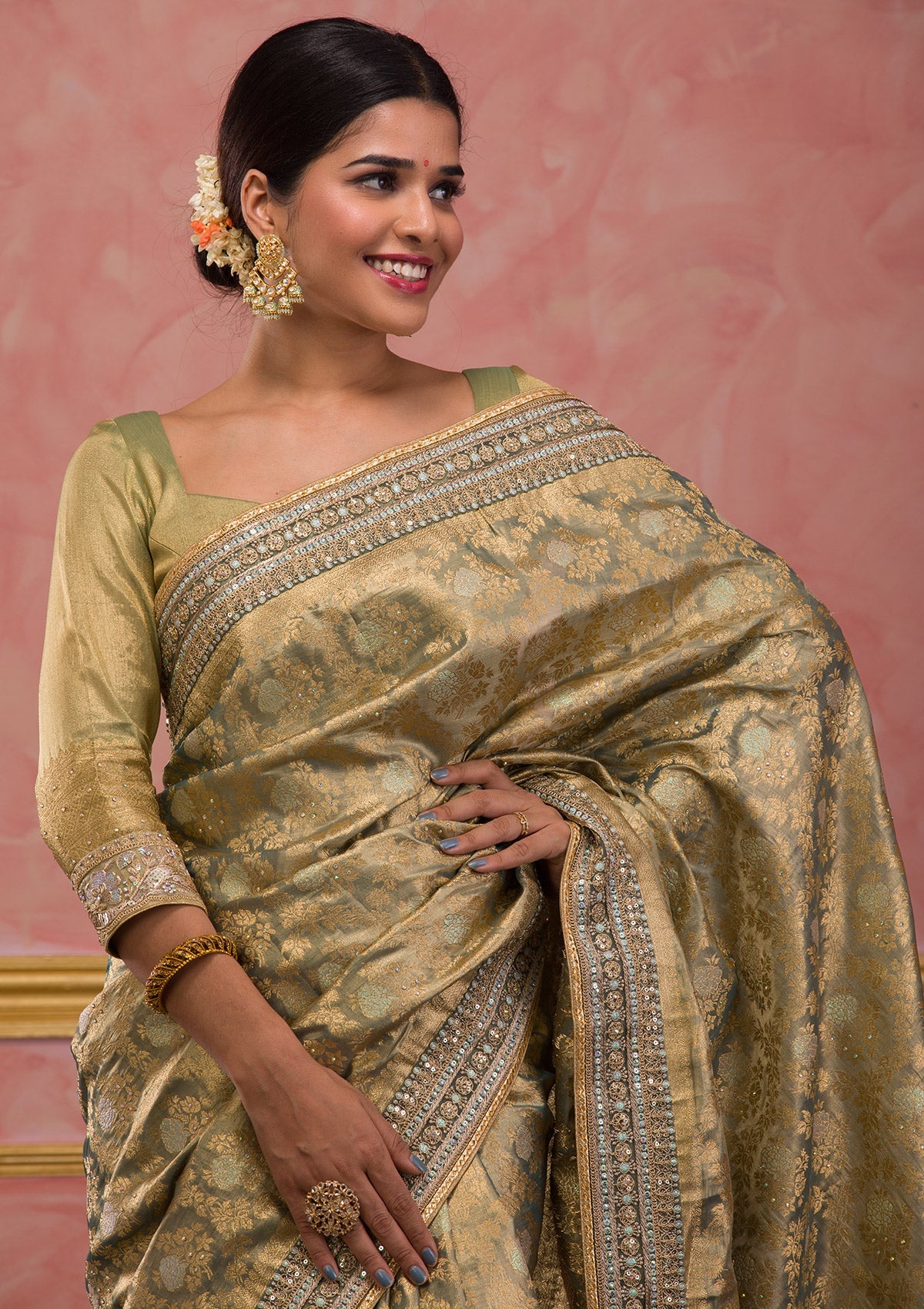 Pista Green Zariwork Brocade Saree-Koskii