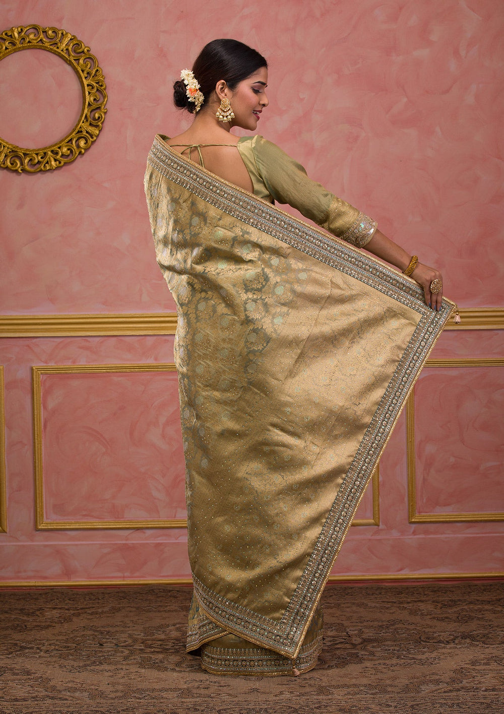 Pista Green Zariwork Brocade Saree-Koskii