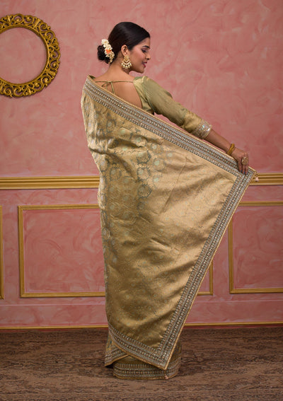 Pista Green Zariwork Brocade Saree-Koskii