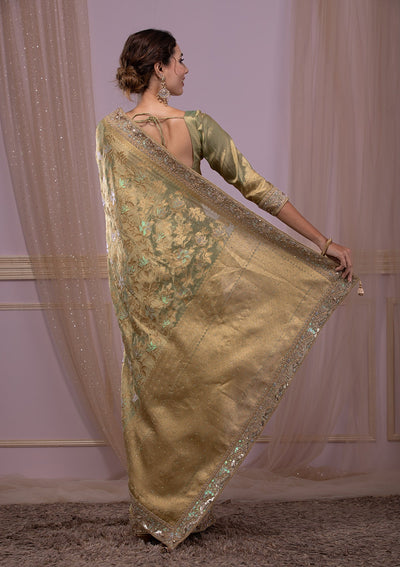 Pista Green Zariwork Brocade Saree-Koskii