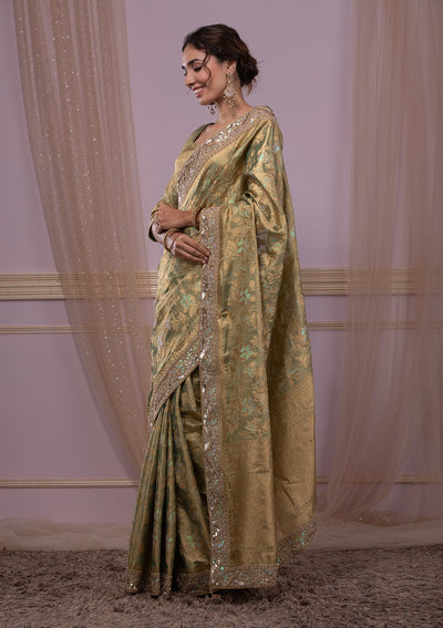 Pista Green Zariwork Brocade Saree-Koskii