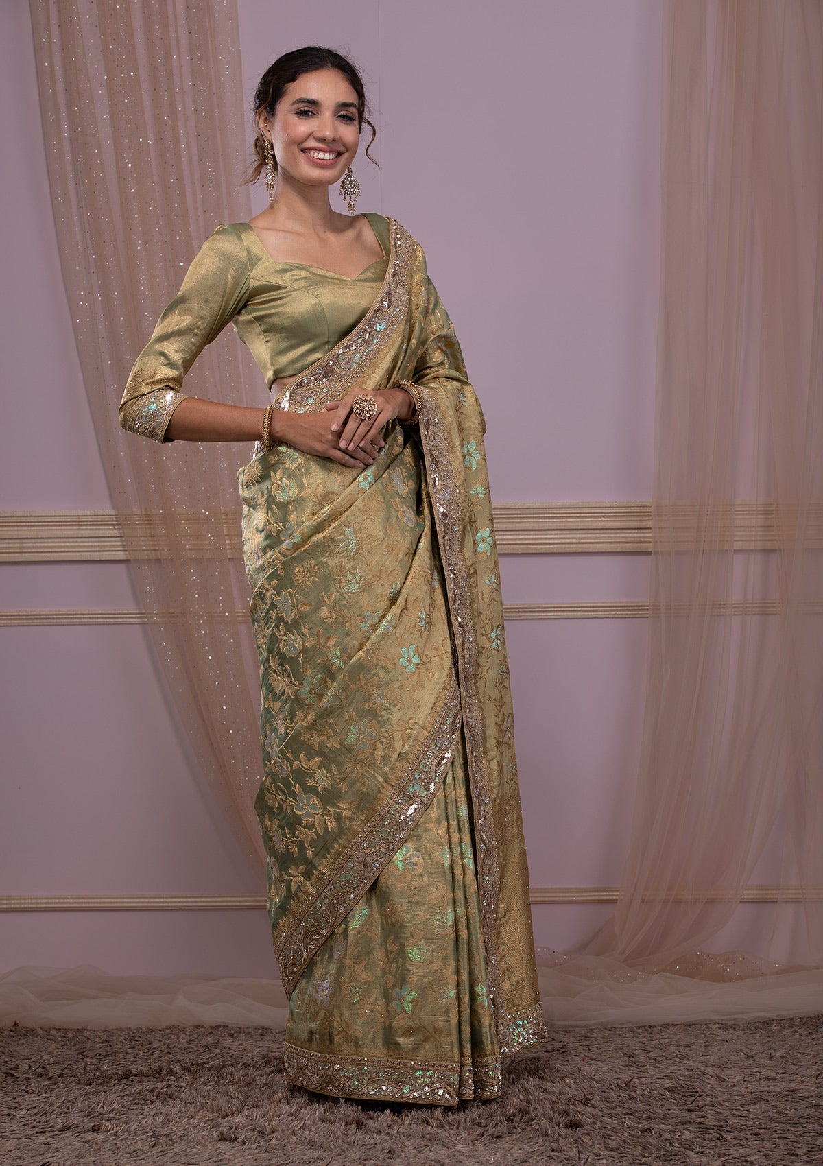 Pista Green Zariwork Brocade Saree-Koskii