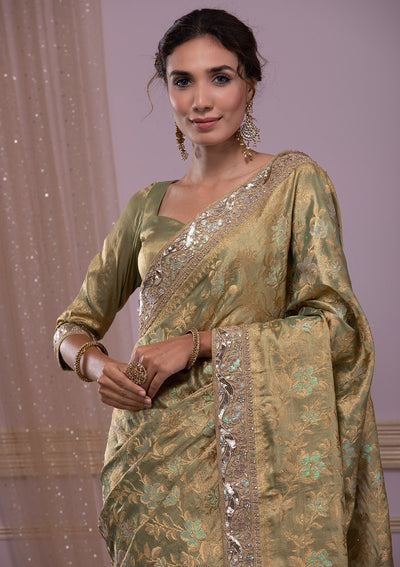 Pista Green Zariwork Brocade Saree-Koskii