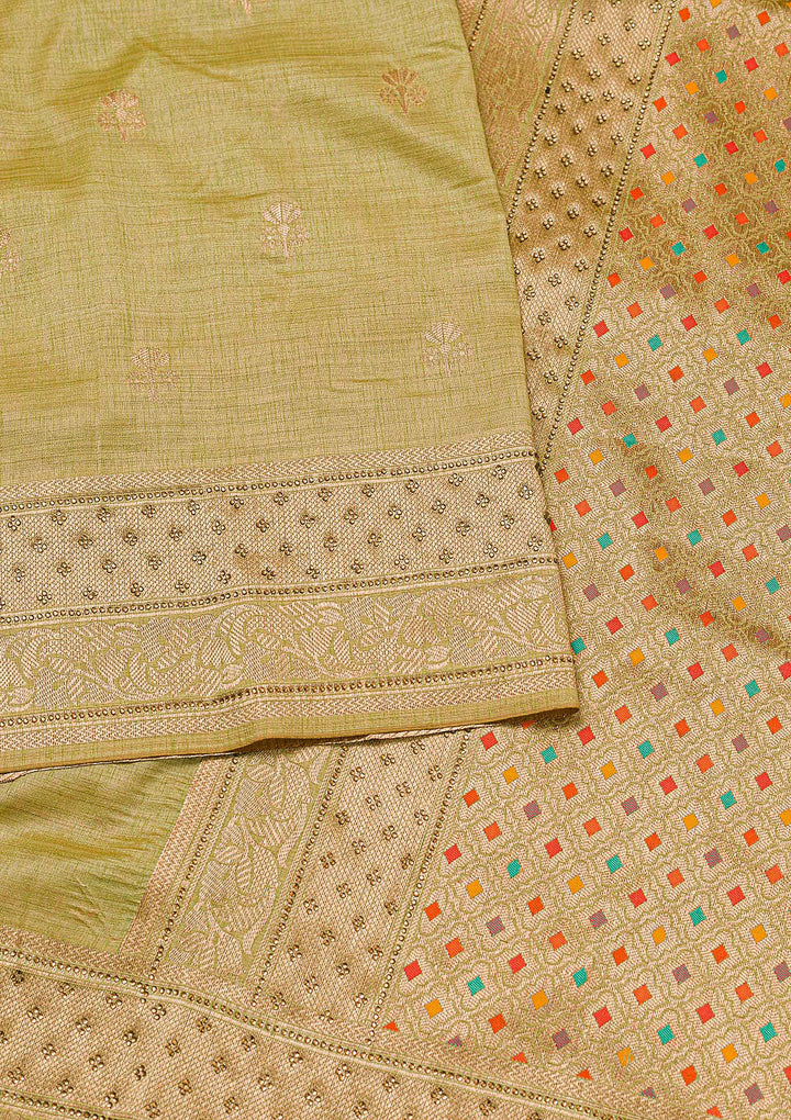 Pista Green Zariwork Raw Silk Saree-Koskii