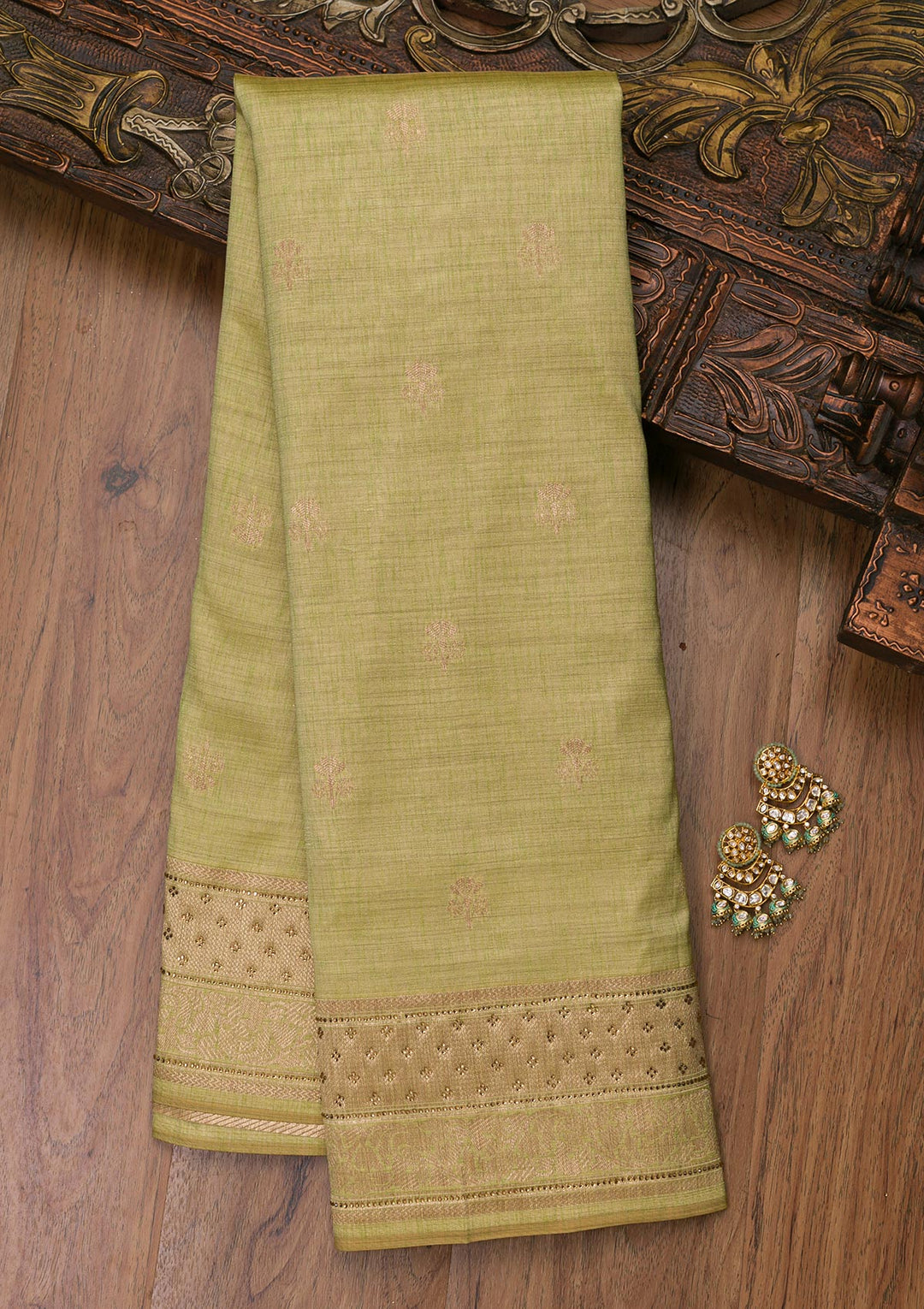 Pista Green Zariwork Raw Silk Saree-Koskii