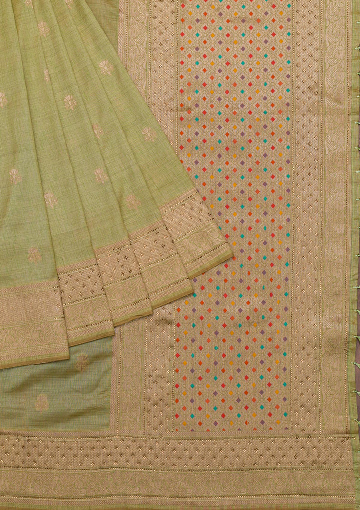 Pista Green Zariwork Raw Silk Saree-Koskii