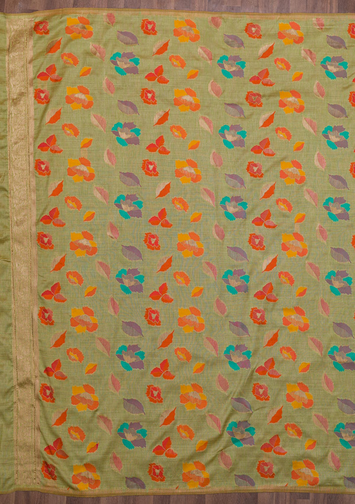 Pista Green Zariwork Raw Silk Saree-Koskii