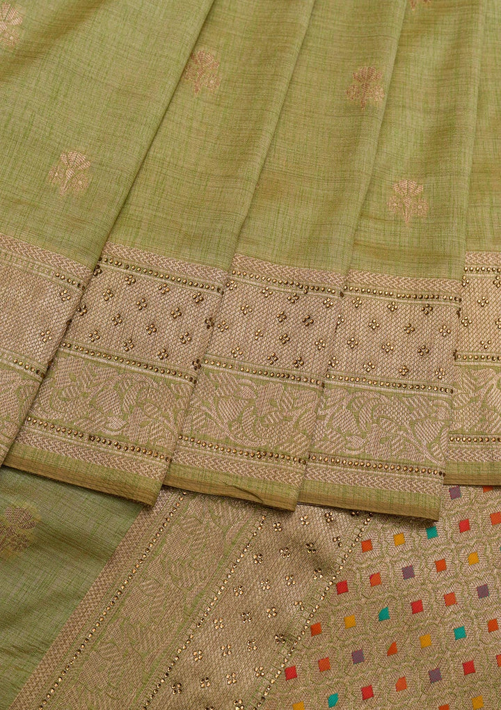 Pista Green Zariwork Raw Silk Saree-Koskii