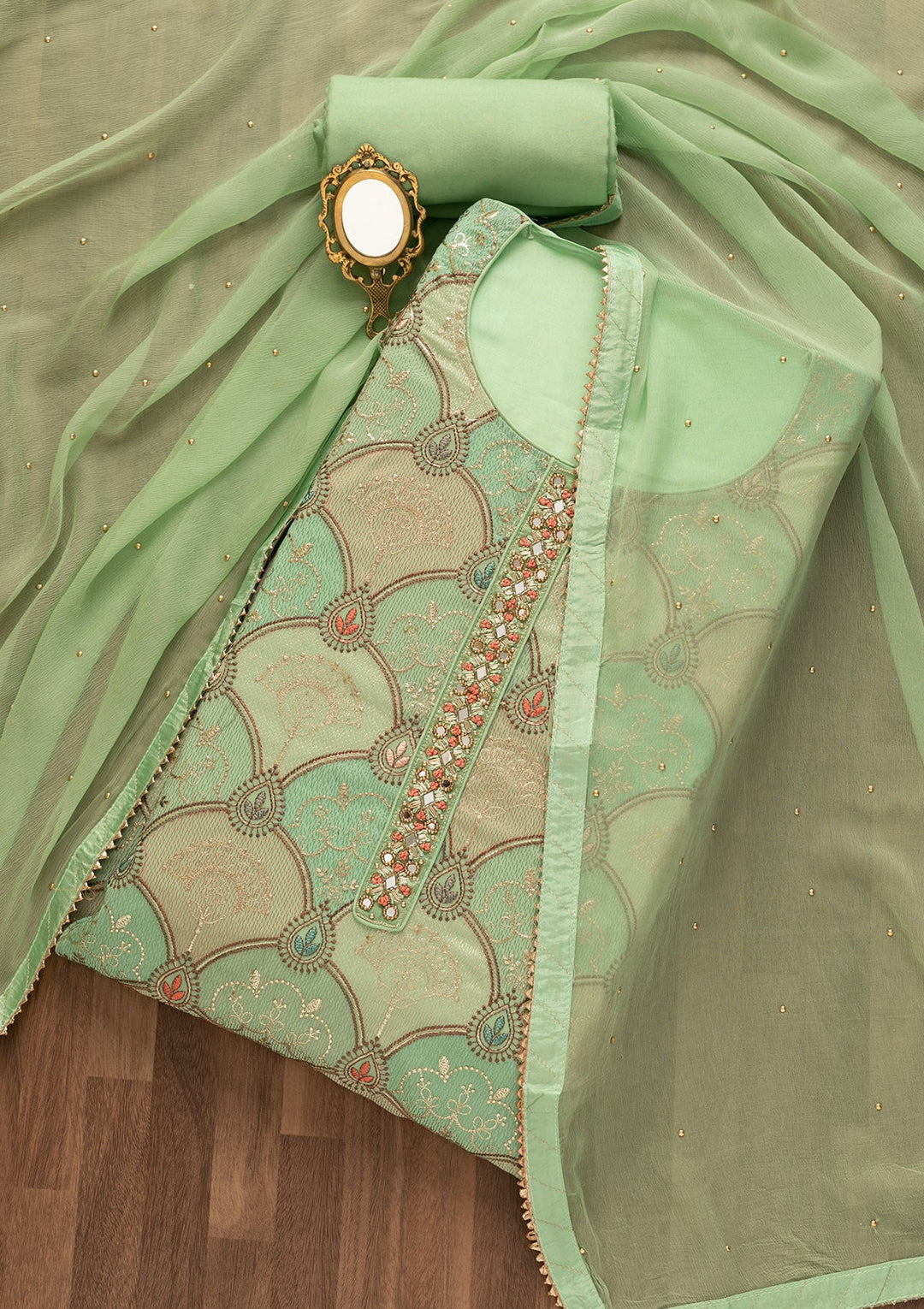 Pista Green Zariwork Poly Chanderi Unstitched Salwar Kameez-Koskii
