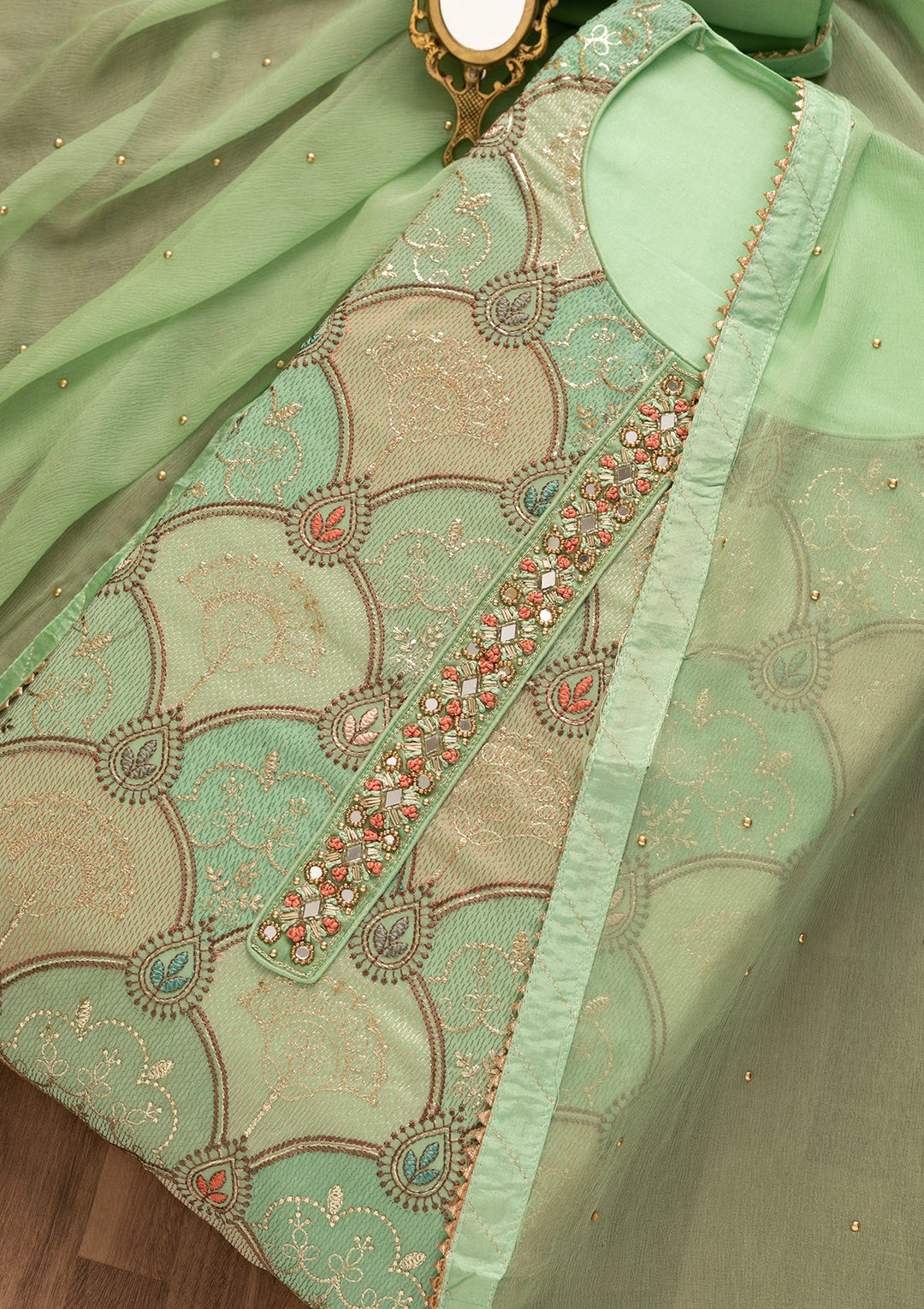 Pista Green Zariwork Poly Chanderi Unstitched Salwar Kameez-Koskii