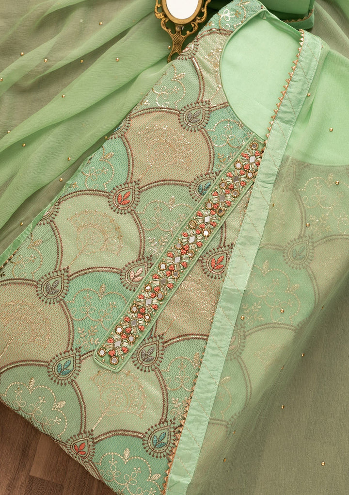 Pista Green Zariwork Poly Chanderi Unstitched Salwar Kameez-Koskii