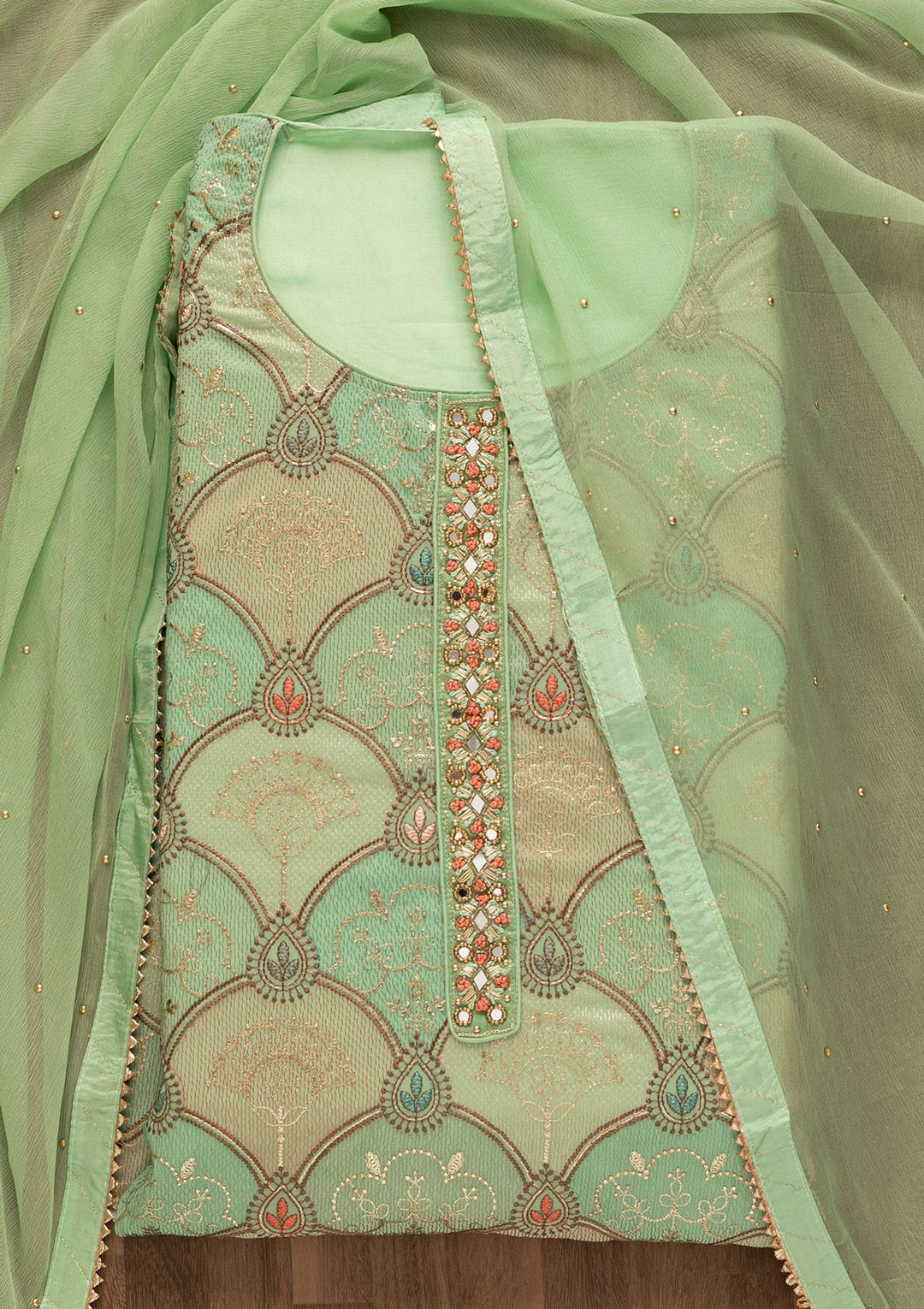 Pista Green Zariwork Poly Chanderi Unstitched Salwar Kameez-Koskii