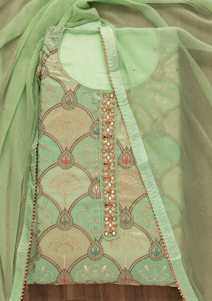 Pista Green Zariwork Poly Chanderi Unstitched Salwar Kameez-Koskii