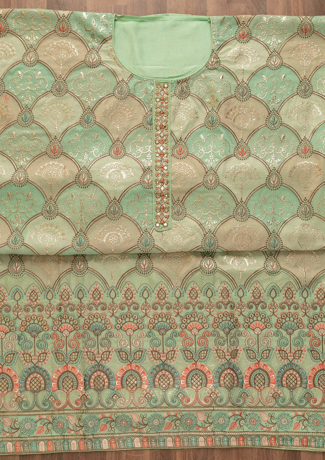 Pista Green Zariwork Poly Chanderi Unstitched Salwar Kameez-Koskii