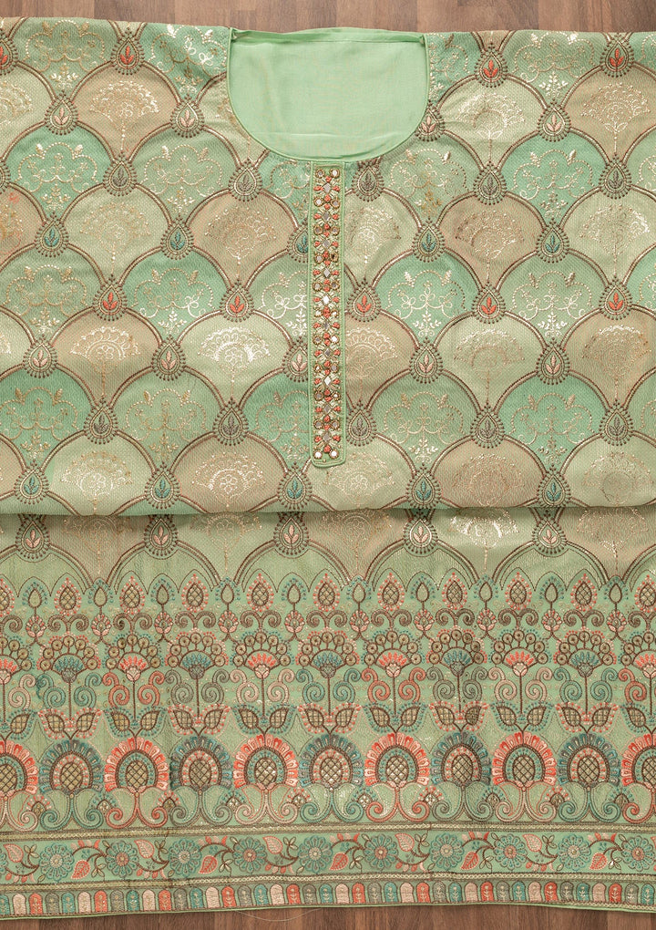 Pista Green Zariwork Poly Chanderi Unstitched Salwar Kameez-Koskii