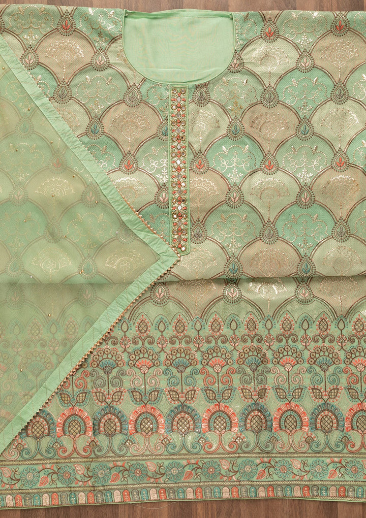 Pista Green Zariwork Poly Chanderi Unstitched Salwar Kameez-Koskii
