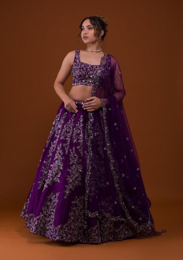 Purple Cutdana Raw Silk Designer Lehenga-Koskii