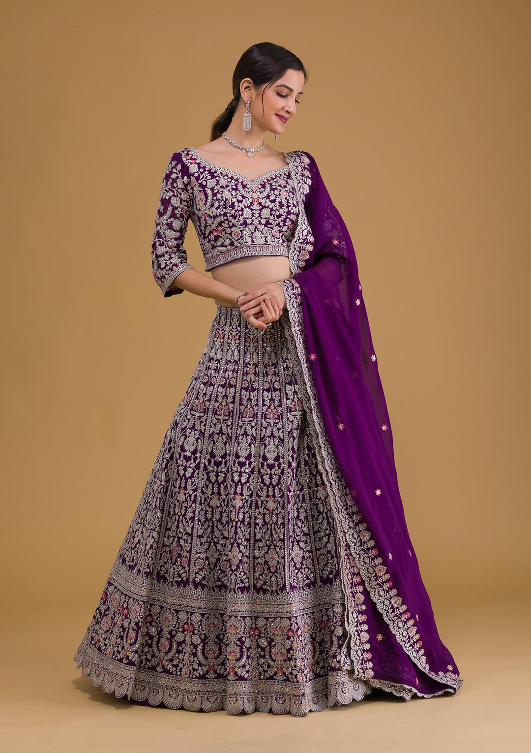 Purple Silver Zariwork Georgette Designer Lehenga-Koskii