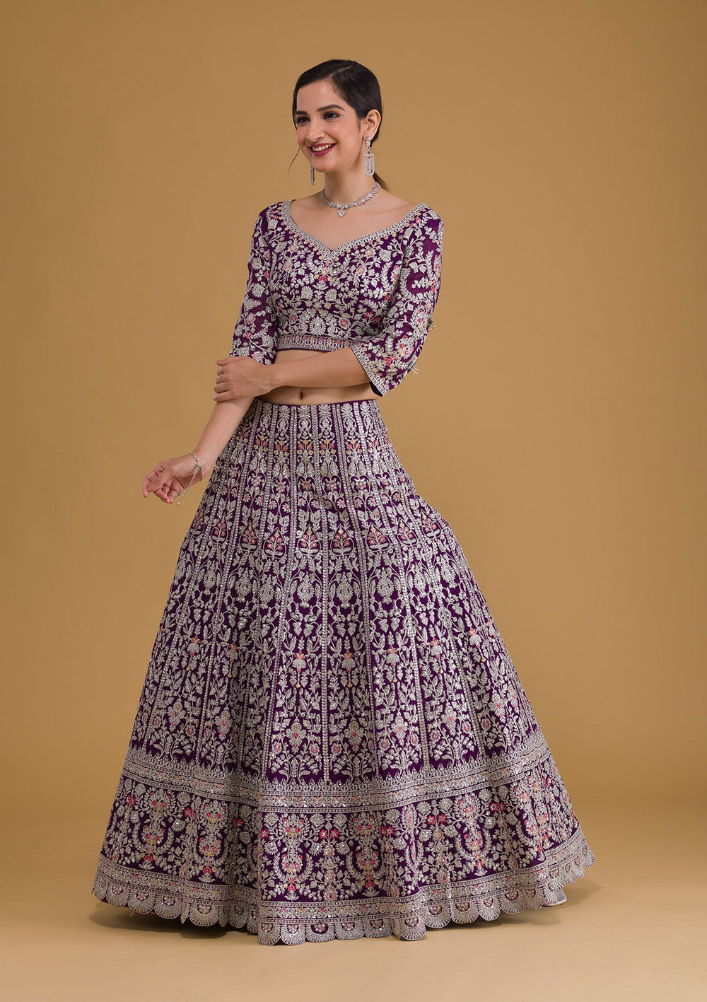 Purple Silver Zariwork Georgette Readymade Lehenga-Koskii