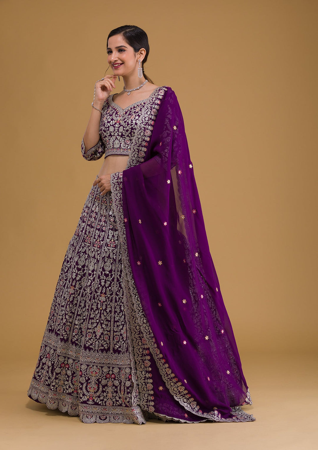 Purple Silver Zariwork Georgette Readymade Lehenga-Koskii