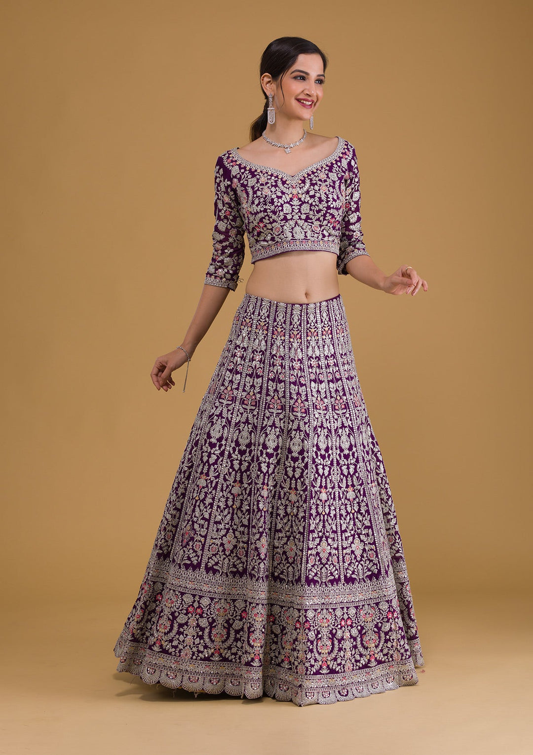 Purple Silver Zariwork Georgette Readymade Lehenga-Koskii
