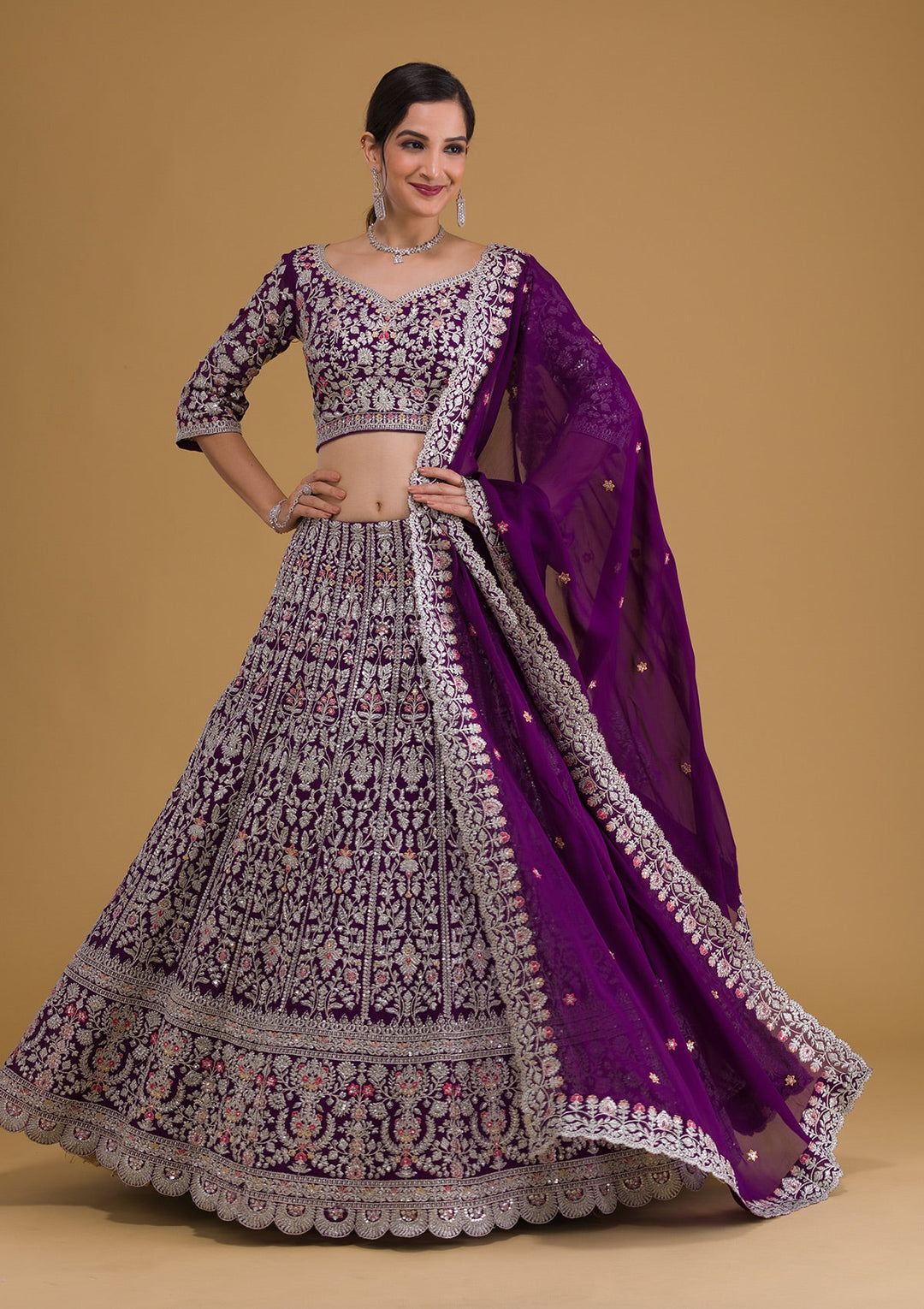 Purple Silver Zariwork Georgette Readymade Lehenga-Koskii