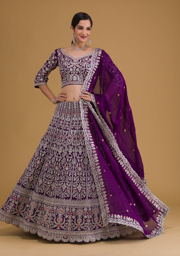 Purple Silver Zariwork Georgette Readymade Lehenga-Koskii
