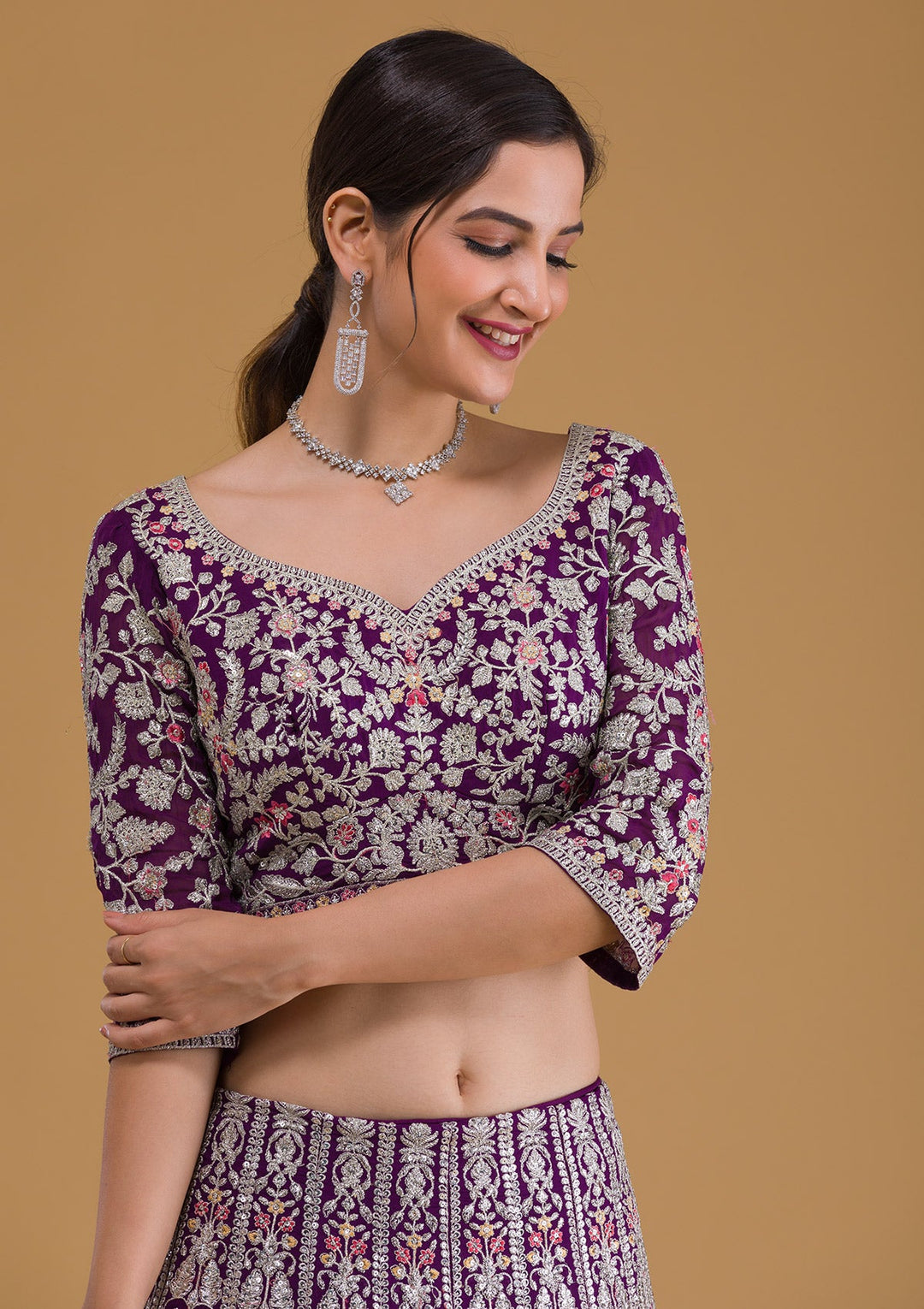 Purple Silver Zariwork Georgette Readymade Lehenga-Koskii
