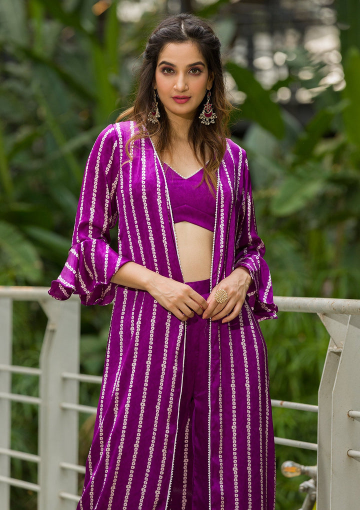 Purple Bandhani Print Satin Readymade Salwar Kameez-Koskii