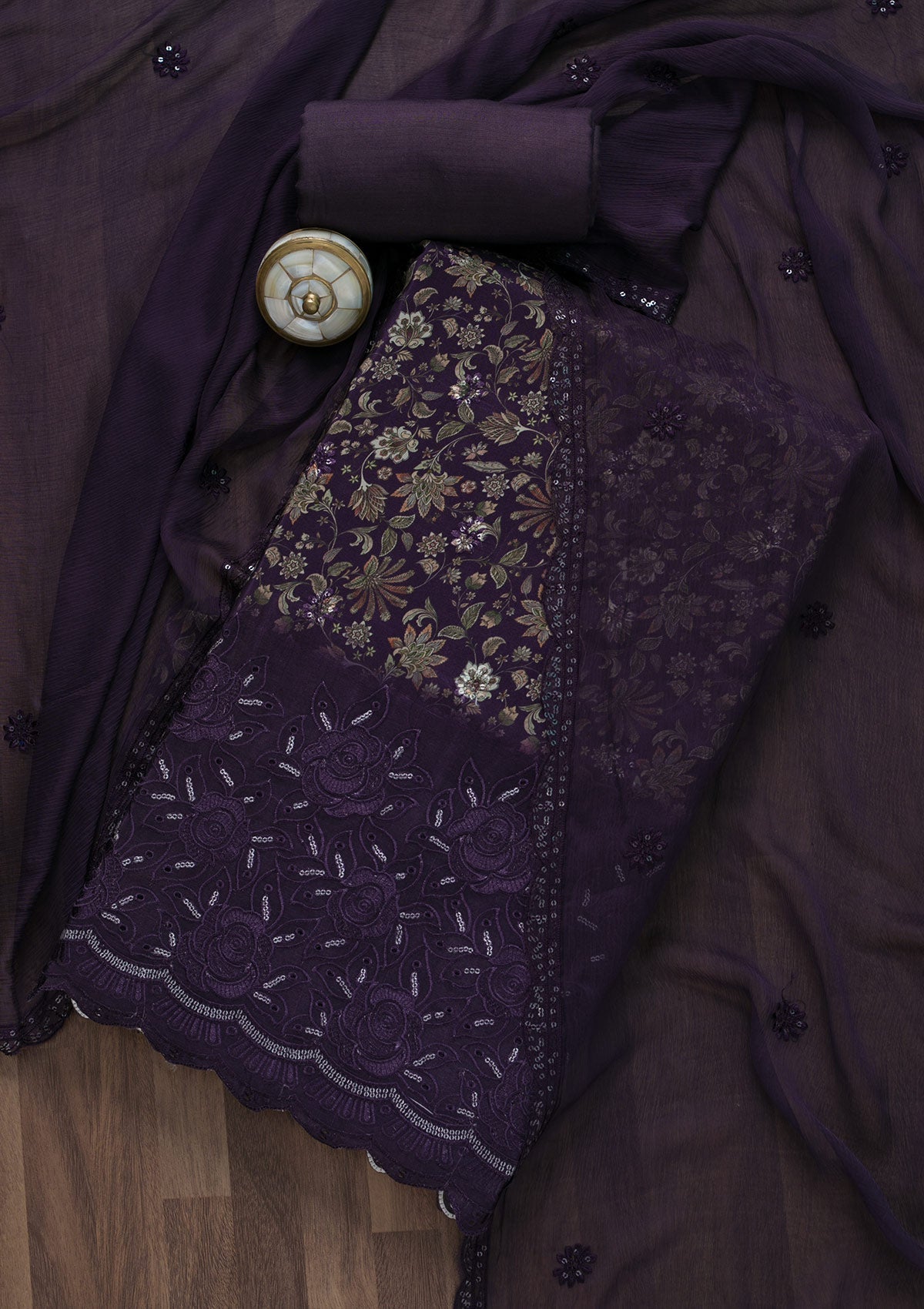 Purple Printed Semi Crepe Unstitched Salwar Suit-Koskii