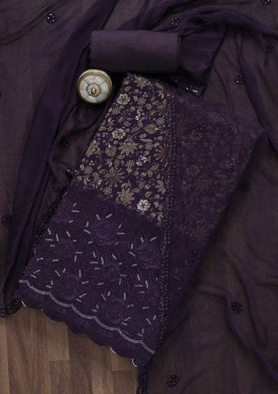 Purple Printed Semi Crepe Unstitched Salwar Suit-Koskii