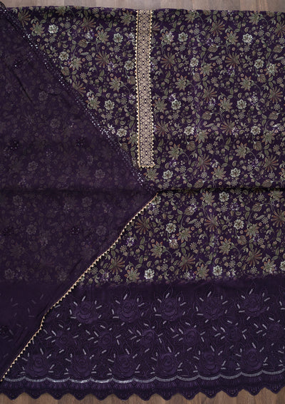 Purple Printed Semi Crepe Unstitched Salwar Suit-Koskii