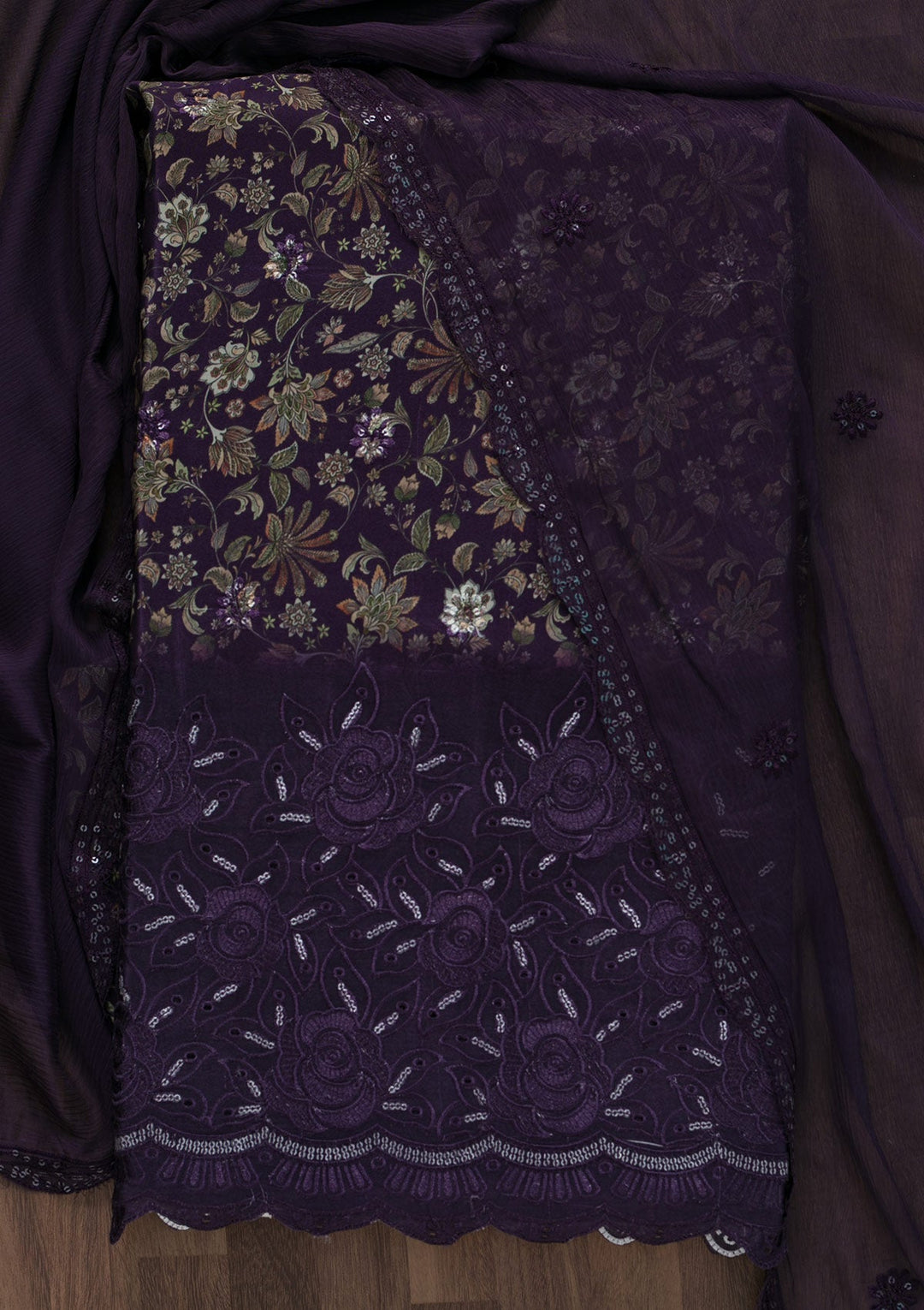 Purple Printed Semi Crepe Unstitched Salwar Suit-Koskii