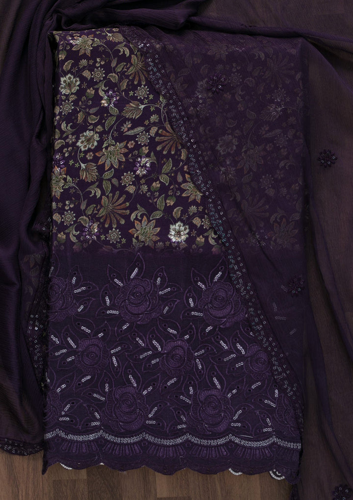 Purple Printed Semi Crepe Unstitched Salwar Suit-Koskii
