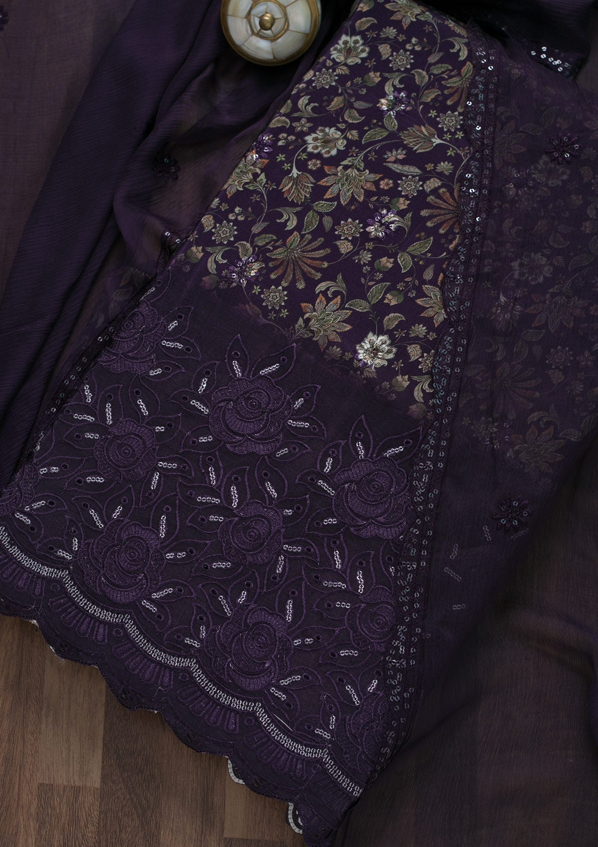 Purple Printed Semi Crepe Unstitched Salwar Suit-Koskii