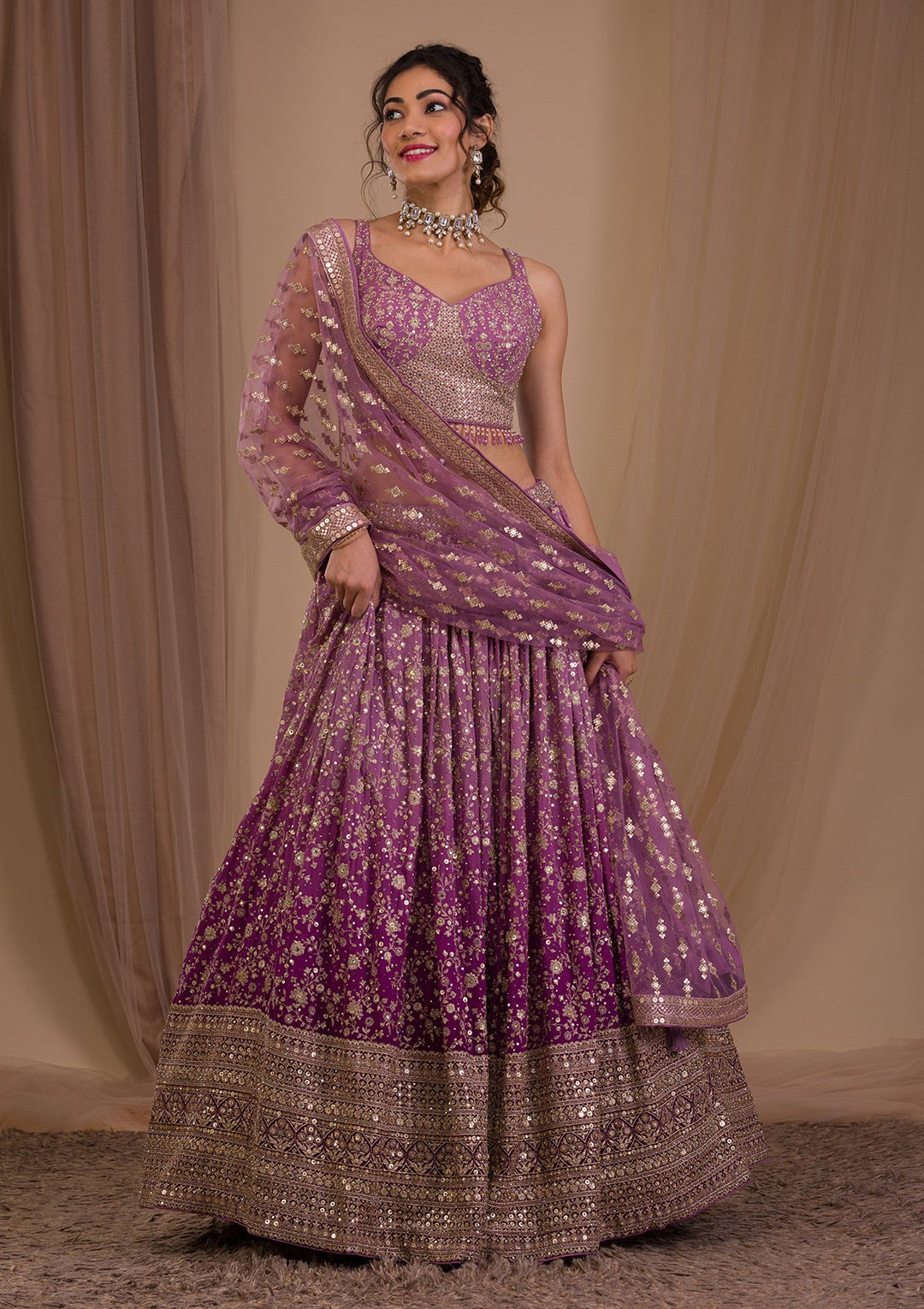 Purple Sequins Georgette Readymade Lehenga-Koskii