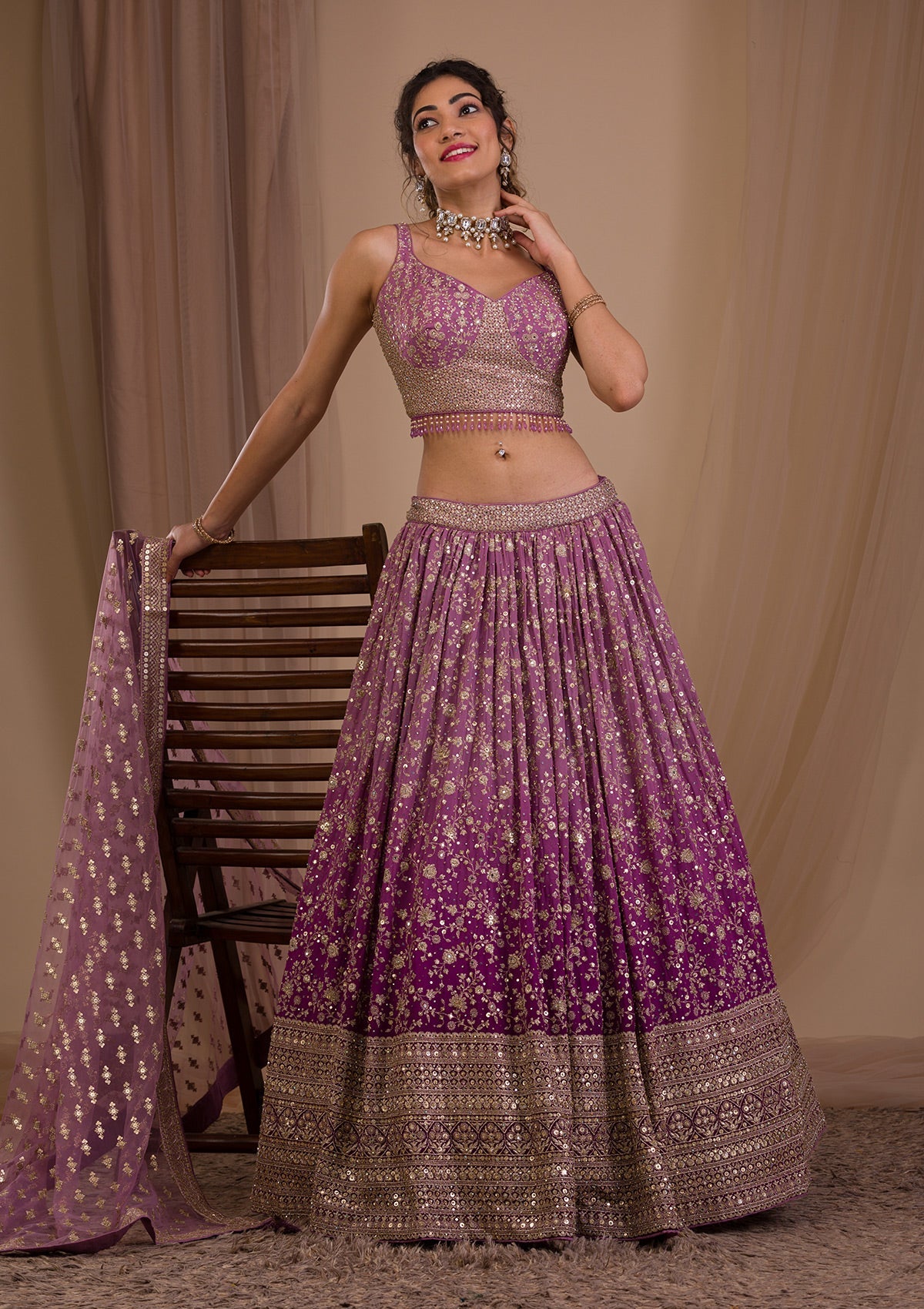 Purple Sequins Georgette Readymade Lehenga-Koskii