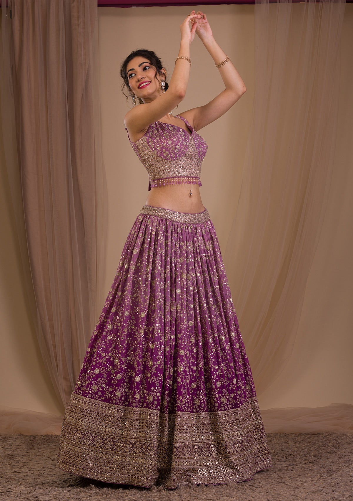 Purple Sequins Georgette Readymade Lehenga-Koskii