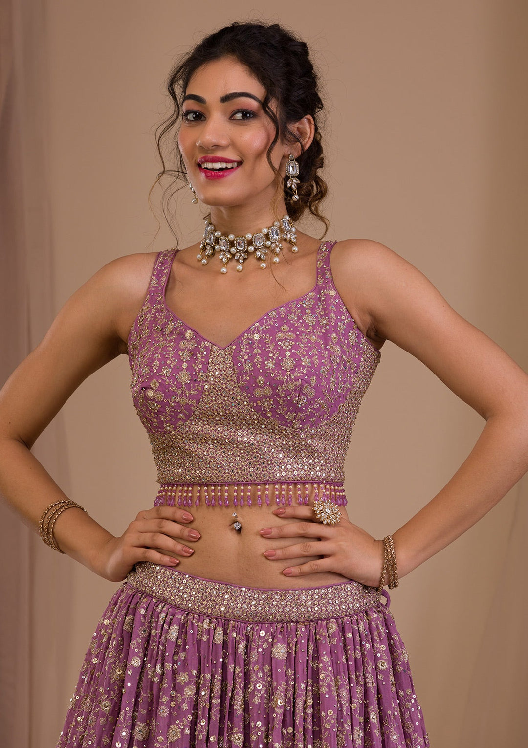 Purple Sequins Georgette Readymade Lehenga-Koskii