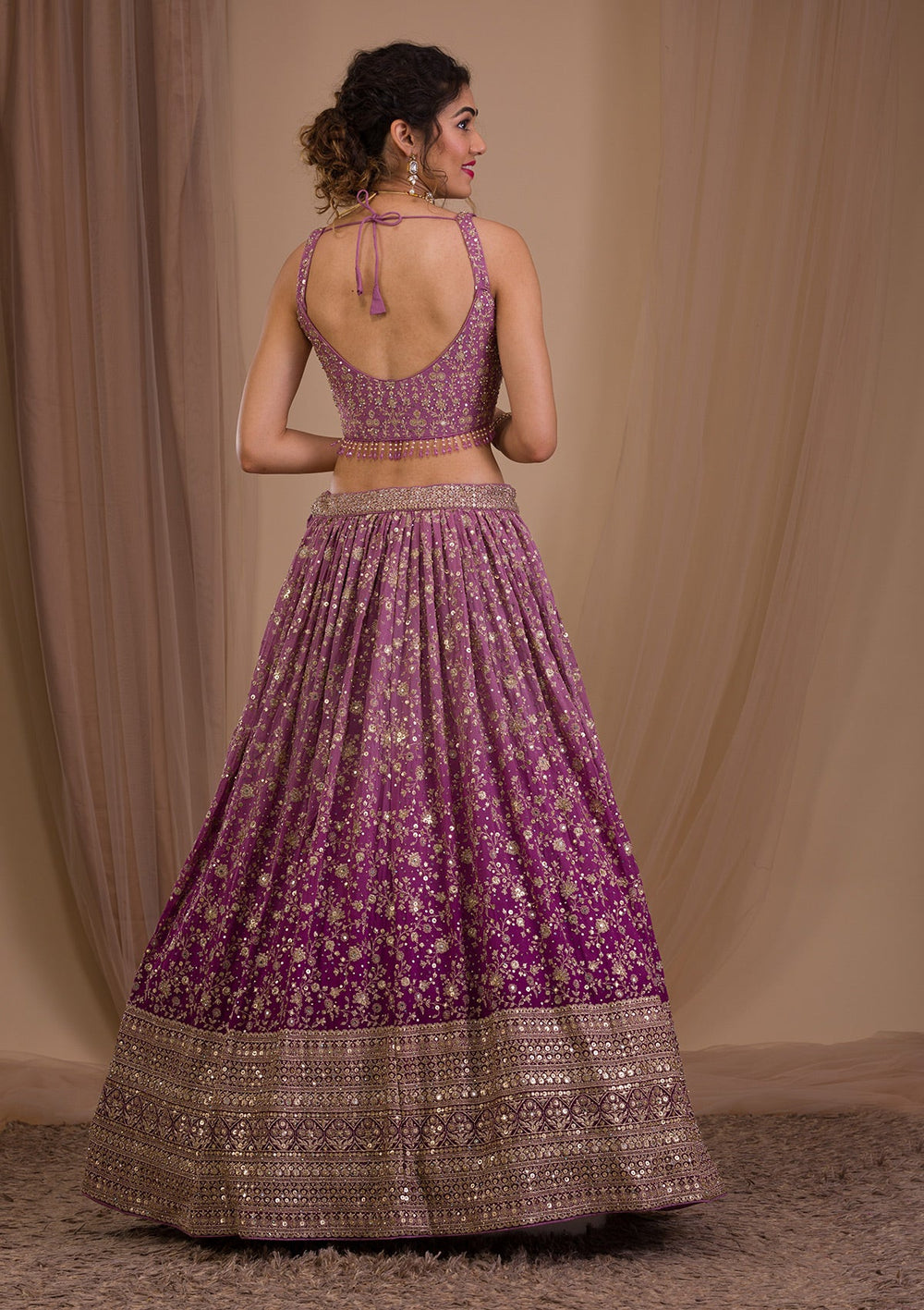 Purple Sequins Georgette Readymade Lehenga-Koskii