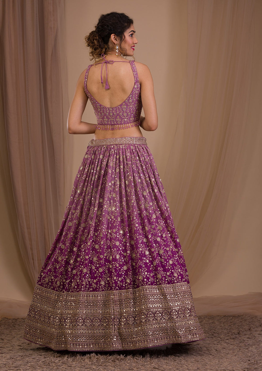 Purple Sequins Georgette Readymade Lehenga-Koskii